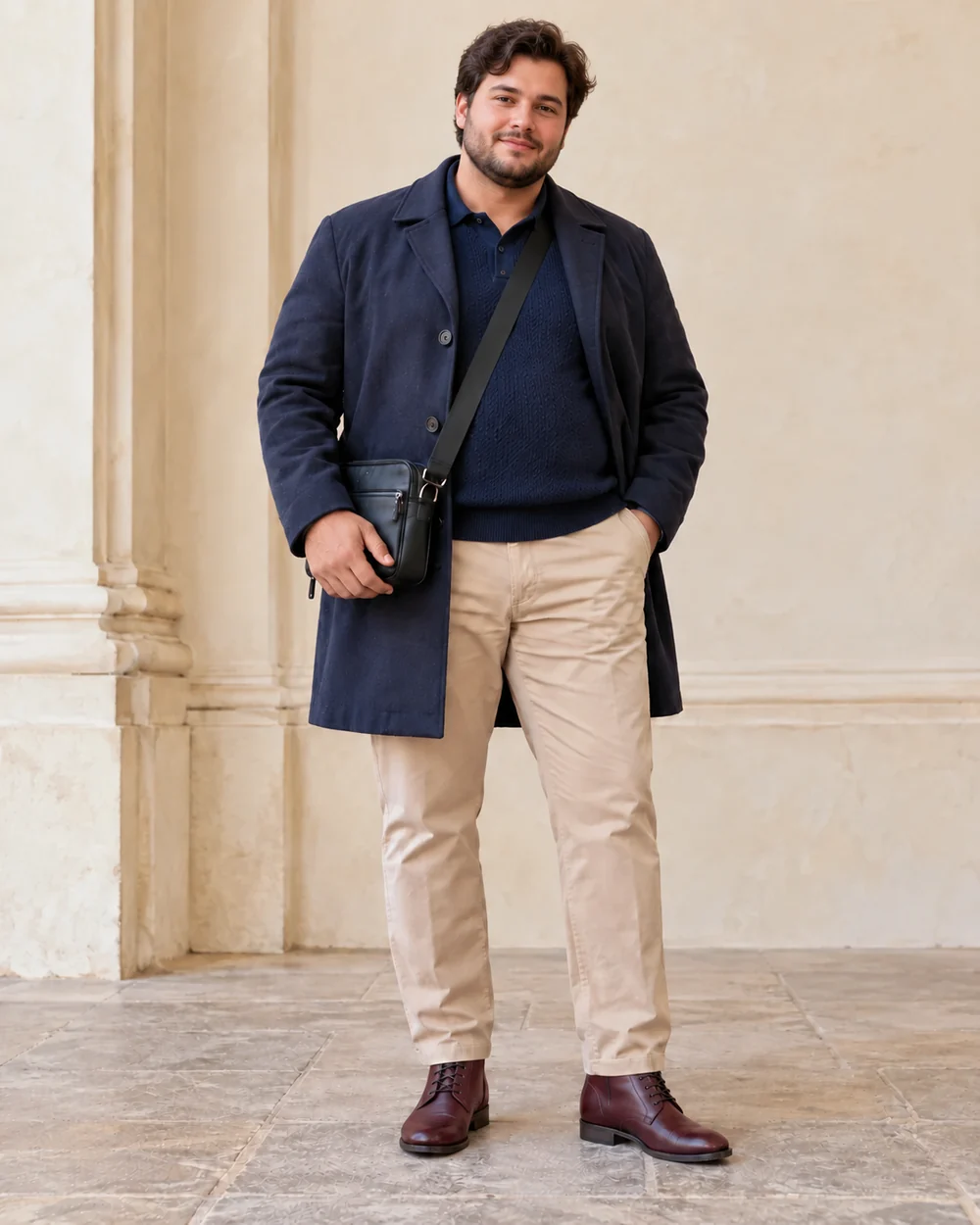 A fictional petite plus-size young adult man with dark wavy hair wearing a navy city coat and textured polo, sand straight trousers and burgundy lace-up ankle boots, with a dark crossbody bag.