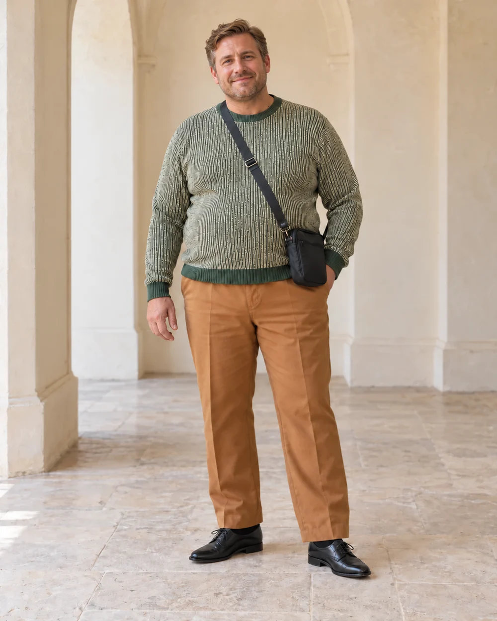 A fictional petite plus-size man with light fair skin and dark-blond hair wearing a green-and-cream fine knit, caramel straight trousers, black Derby shoes and a dark crossbody bag, shown full length without the optional navy jacket.