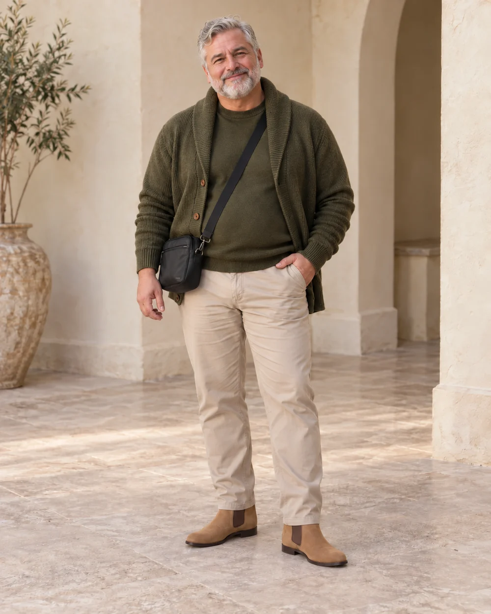 A fictional petite plus-size mature man with light fair skin and grey hair wearing an olive fine knit and shawl-collar cardigan, stone chinos, tan Chelsea boots and a dark crossbody bag, shown full length.