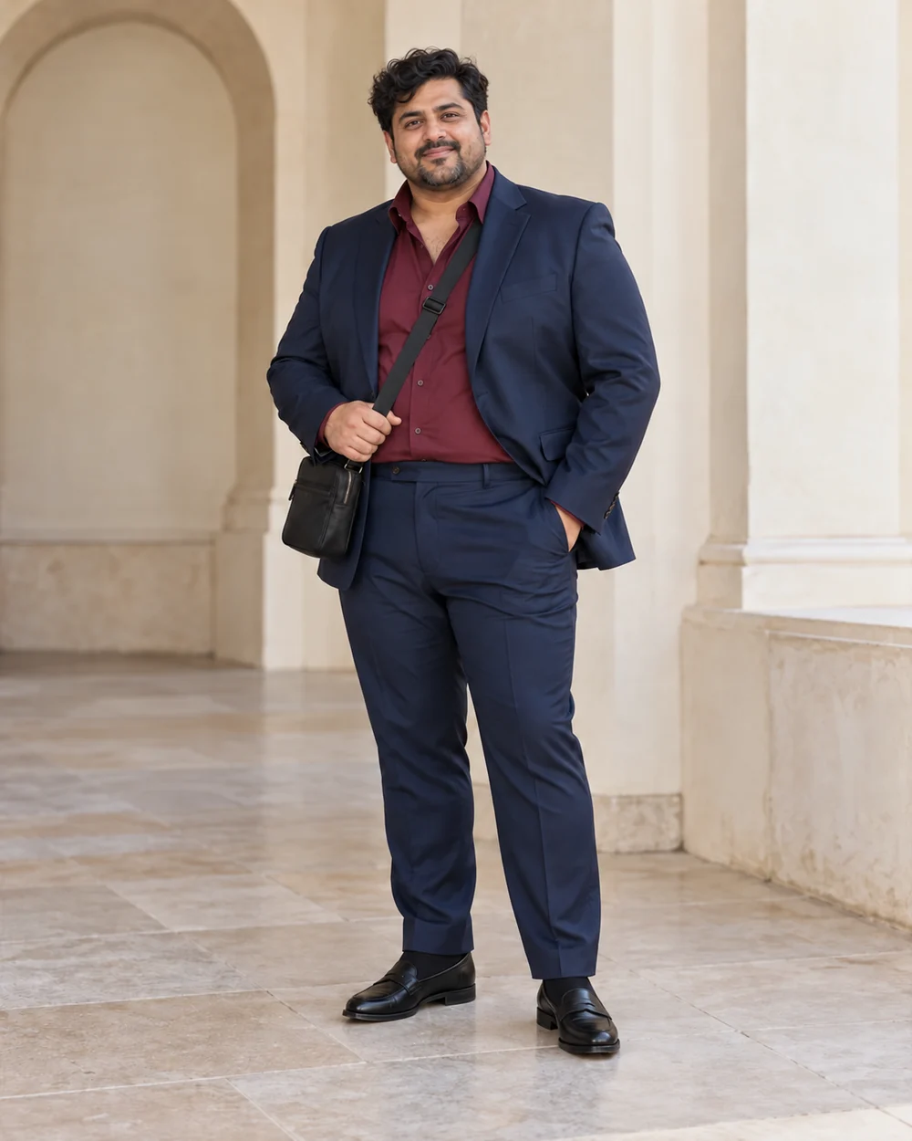 A fictional petite plus-size man with medium warm brown skin and dark wavy hair wearing a navy suit, burgundy open-collar shirt, black penny loafers and a dark crossbody bag, shown from head to both shoes.