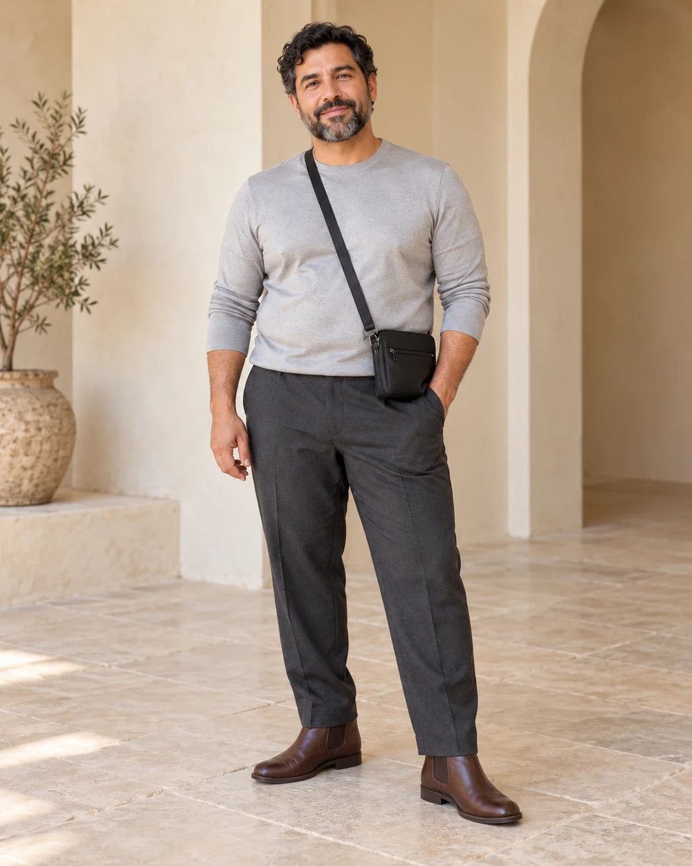 A full-length adult man with tan golden skin wearing Charcoal tailored trousers, silver-grey smooth top and Brown Chelsea boots, with a small dark crossbody bag; both complete shoes are visible.