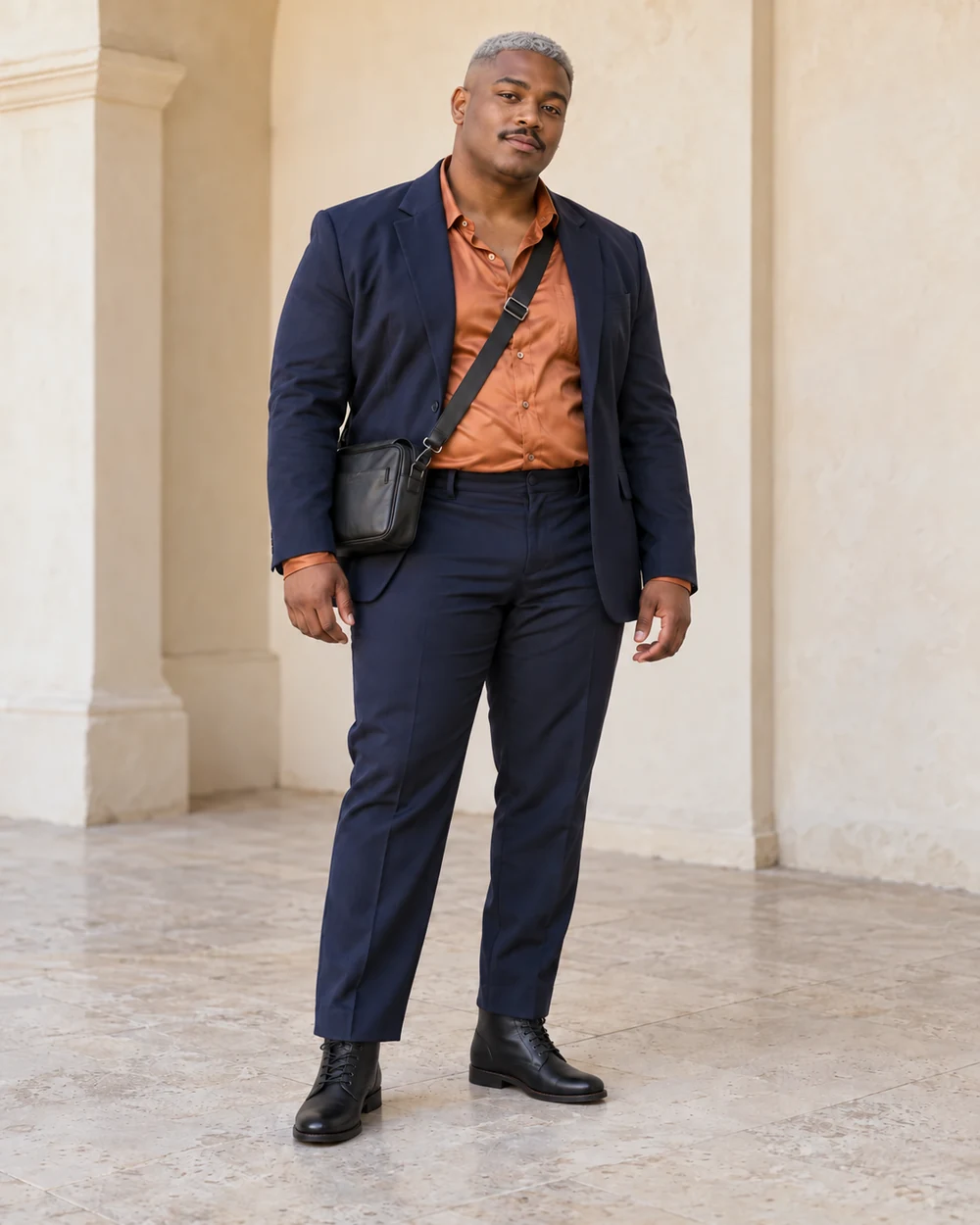 A full-length adult man with deep brown skin wearing Navy straight trousers, copper satin-finish shirt, Navy unstructured blazer and black ankle boots, with a small dark crossbody bag; both complete shoes are visible.
