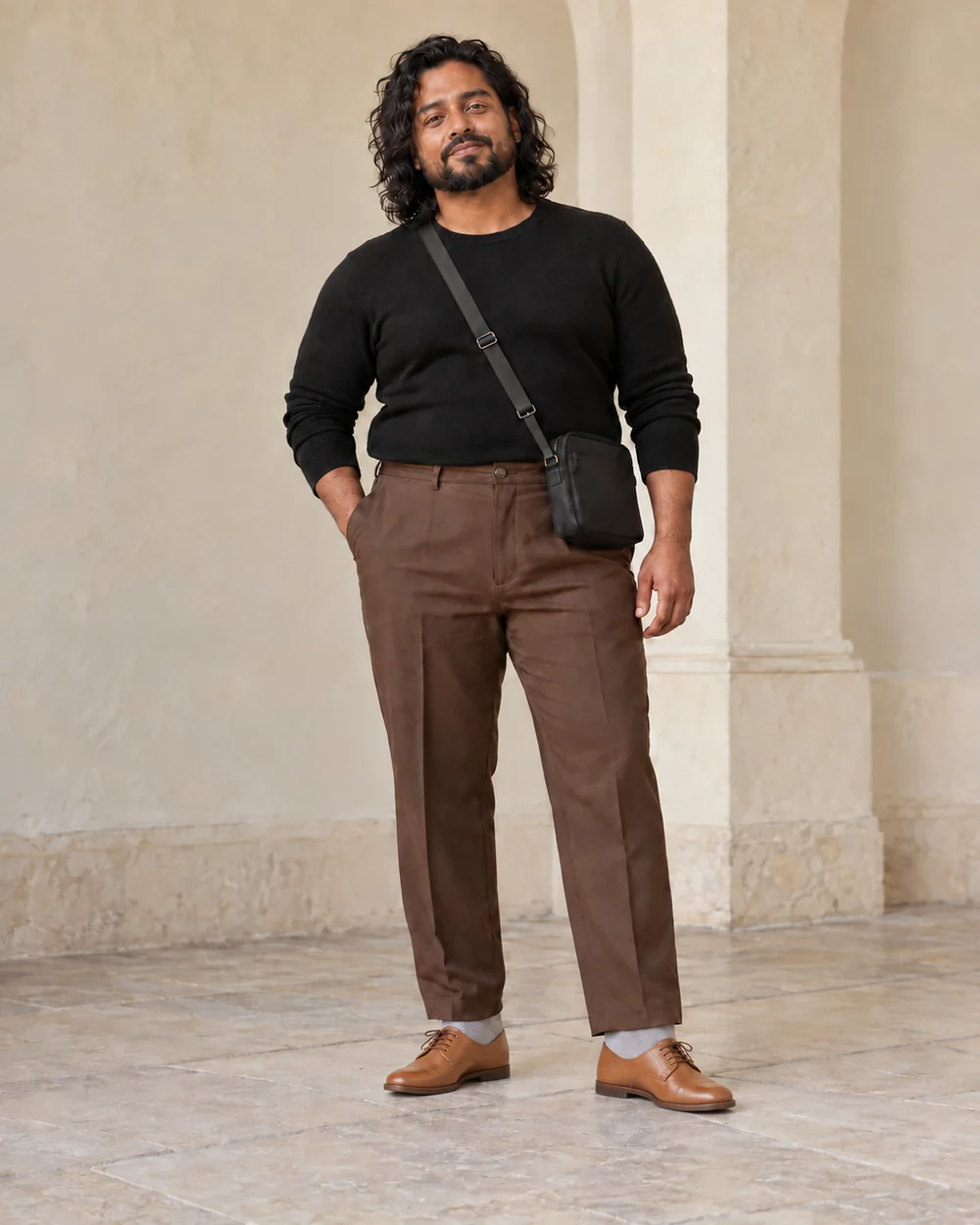 A full-length adult man with medium-deep warm brown skin wearing Chocolate tailored trousers, black fine knit and Tan Derby shoes, with a small dark crossbody bag; both complete shoes are visible.