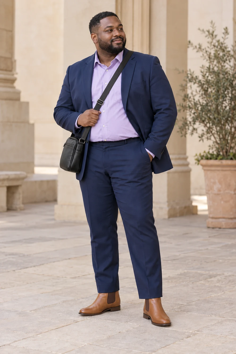 A petite plus-size fictional adult man in navy tailored trousers and suit jacket, a lilac shirt, tan Chelsea boots and a dark practical bag, shown from head to both shoes.