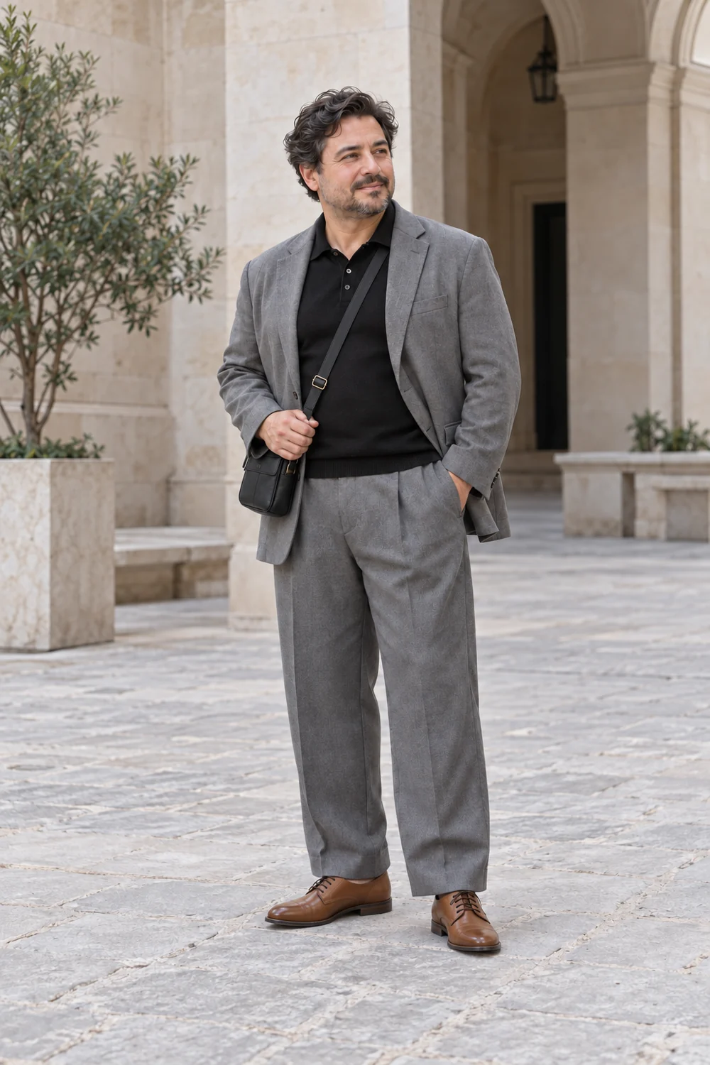 A petite plus-size fictional adult man in grey wide-leg trousers, black fine-knit polo, grey unstructured blazer, tan low-cut Derby shoes and a dark bag, shown full length.