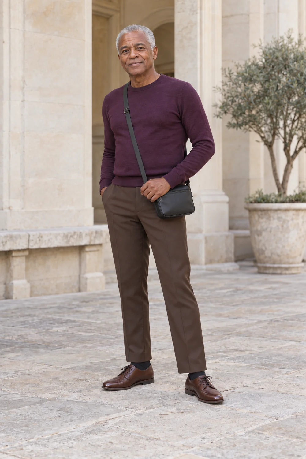A petite fictional adult man in chocolate straight trousers, plum fine knit, brown Derby shoes with dark socks and a practical dark bag, shown full length without the optional chocolate city coat.