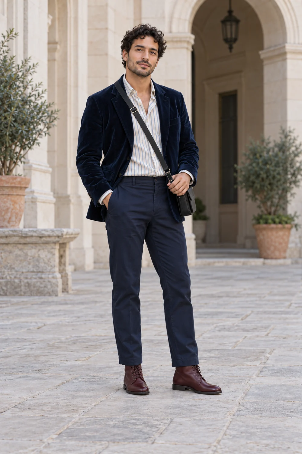 A petite fictional adult man in navy straight trousers, ivory-and-blue soft striped shirt, navy velvet jacket, burgundy lace-up ankle boots and a dark bag, shown full length.