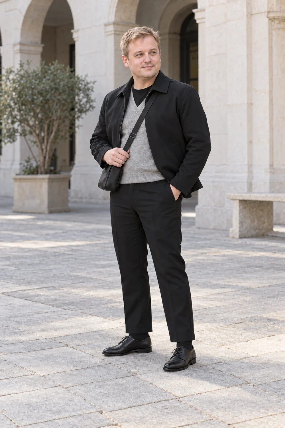 A petite fictional adult man in black tailored trousers, black tee, silver fine knitted vest, black short jacket, low-cut black Derby shoes and a dark practical bag, shown full length.