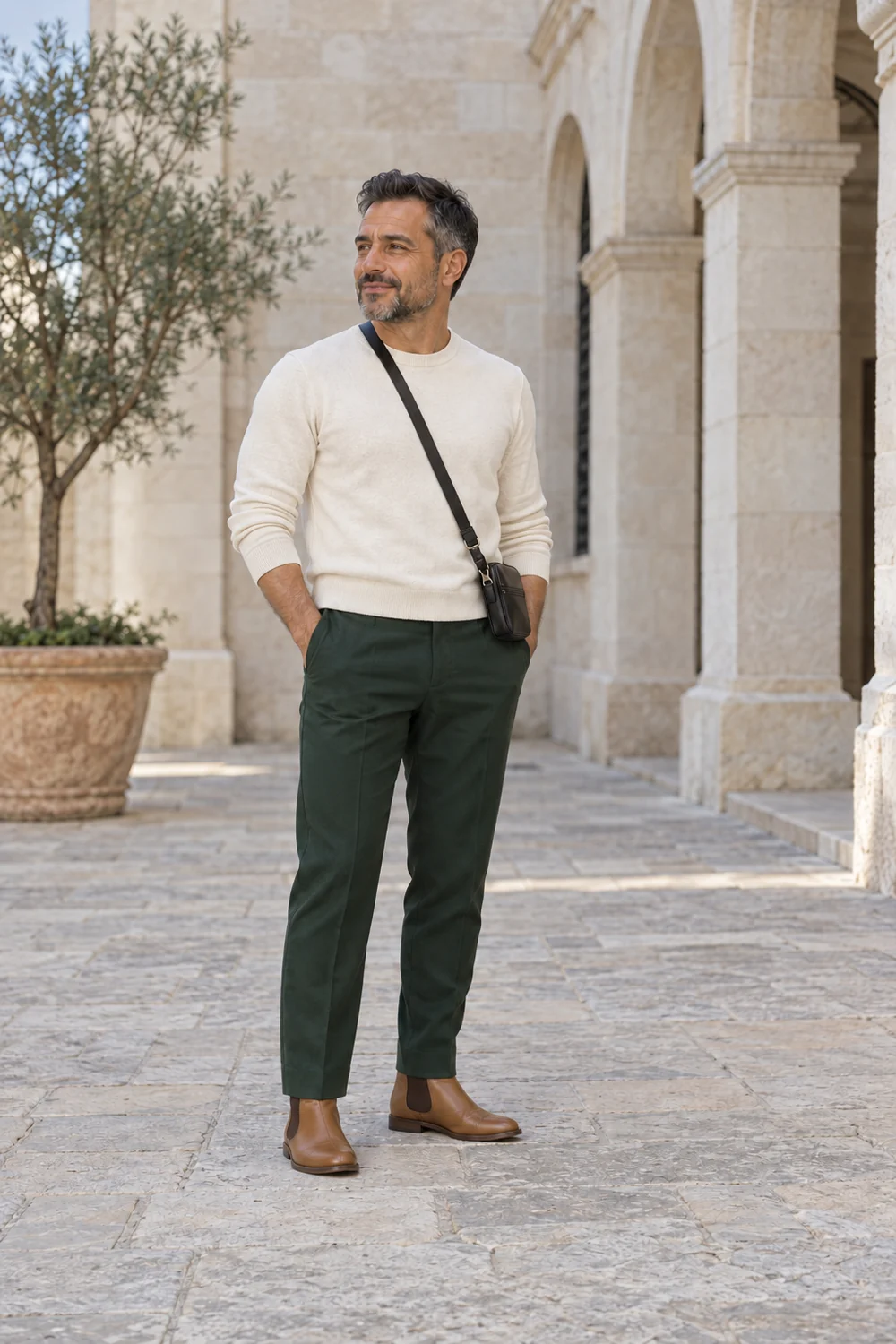 A petite fictional adult man in forest straight trousers, cream fine knit, tan Chelsea boots and a dark practical bag, shown full length without the optional charcoal collarless jacket.