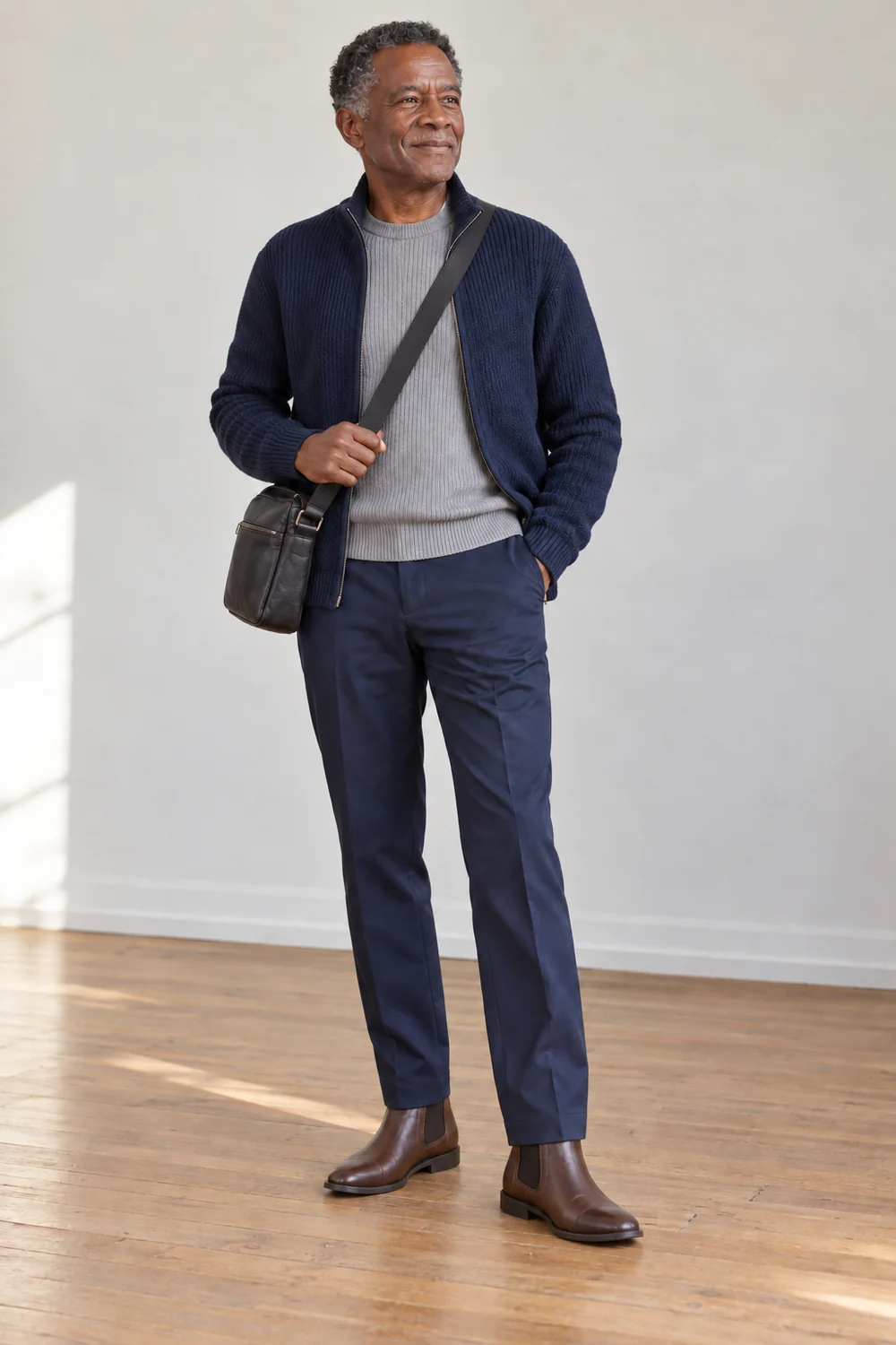 A petite fictional adult man in navy straight trousers, warm-grey fine-rib top, navy knitted jacket, brown Chelsea boots and a dark bag, shown full length.