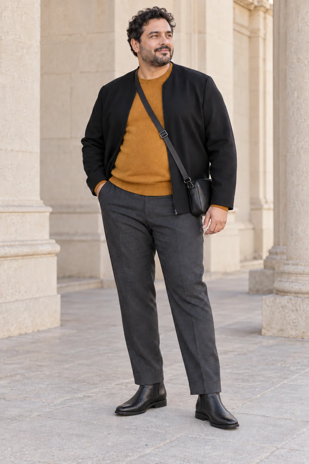 A plus-size fictional adult man in charcoal tailored trousers, amber fine knit, black collarless jacket, black ankle boots and a dark practical bag, shown full length.