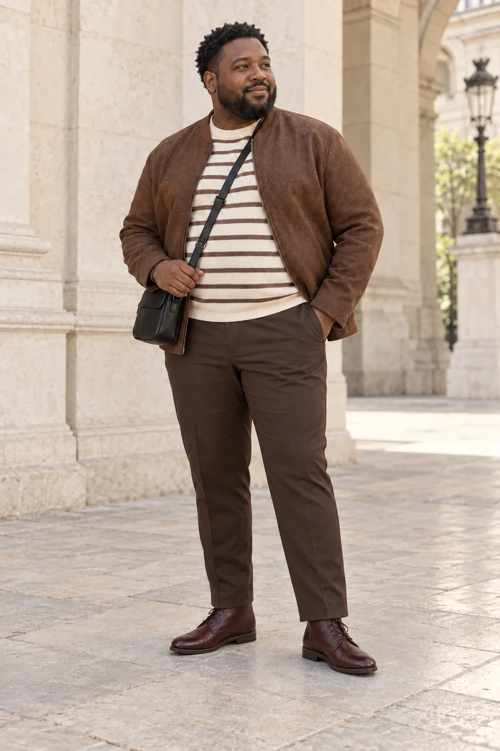 A plus-size fictional adult man in chocolate straight trousers, cream-and-brown striped fine knit, brown collarless jacket, burgundy lace-up ankle boots and a dark practical bag, shown full length.