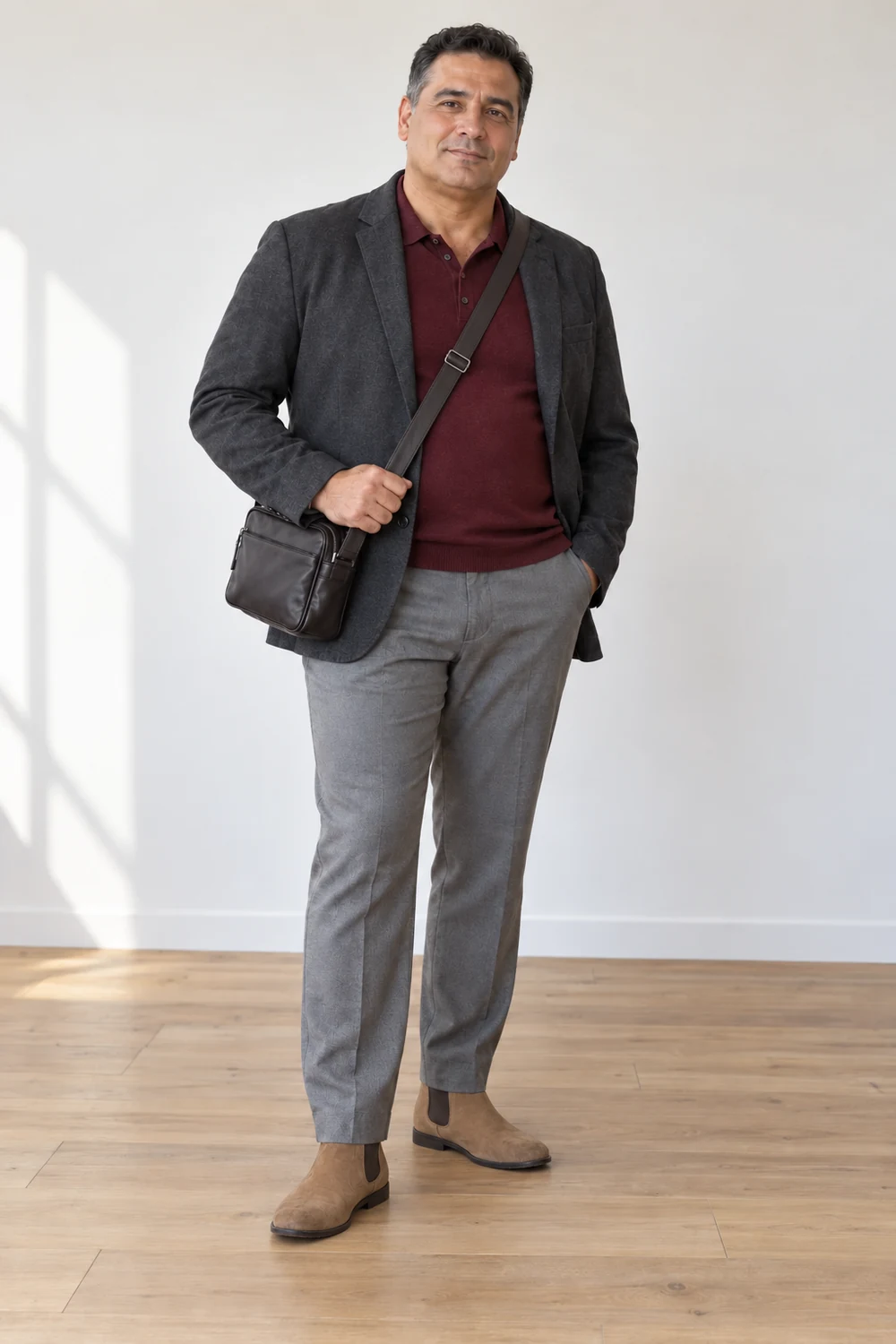 A plus-size fictional adult man in grey straight trousers, burgundy fine-knit polo, charcoal unstructured blazer, tan Chelsea boots and a dark practical bag, shown full length.